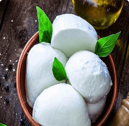 Fresh mozzarella balls with basil leaves in a terracotta bowl.