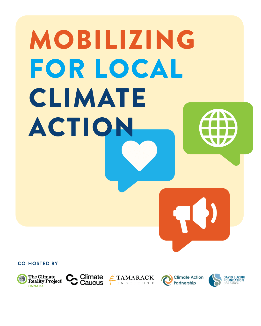 Image with a beige background with title "Mobilizing for local climate action" and illustrations of three speech bubbles containing a heart, a globe and a megaphone.