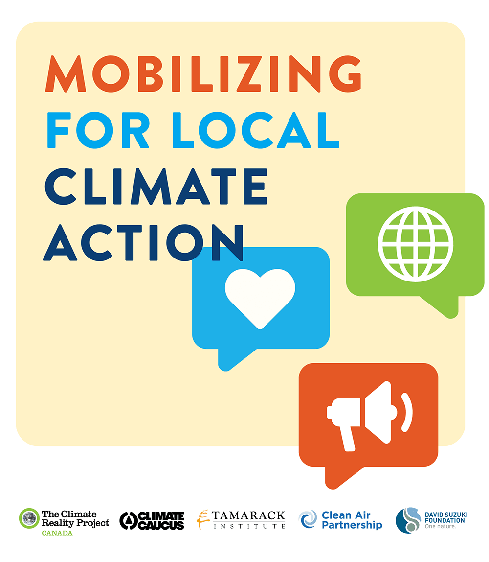 Image with a beige background with title "Mobilizing for local climate action" and illustrations of three speech bubbles containing a heart, a globe and a megaphone.