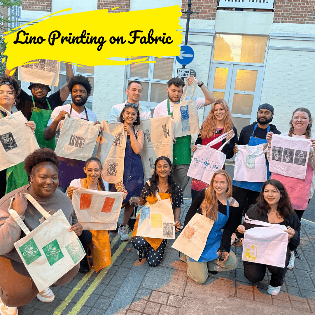 Fun lino printing tote bag creative class london
