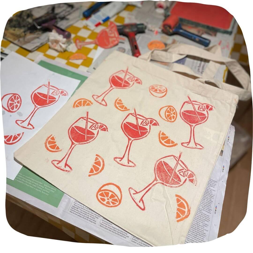 Fun lino printing tote bag creative class london
