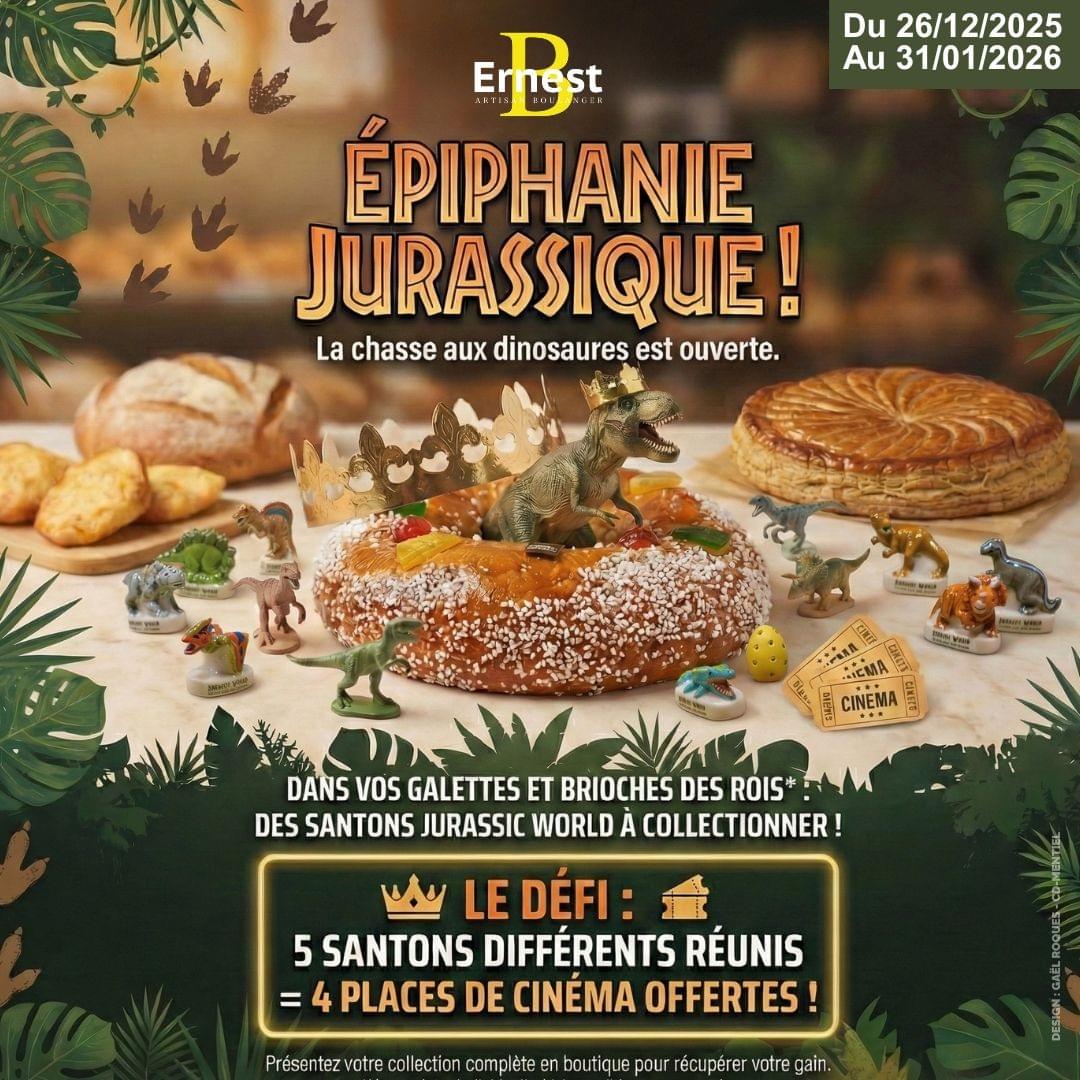 Partagez un moment gourmand chez Ernest à Manosque dès le 26 Décembre 2025 🎅✨🎄  Collectionnez les fèves   "Jurassic World".