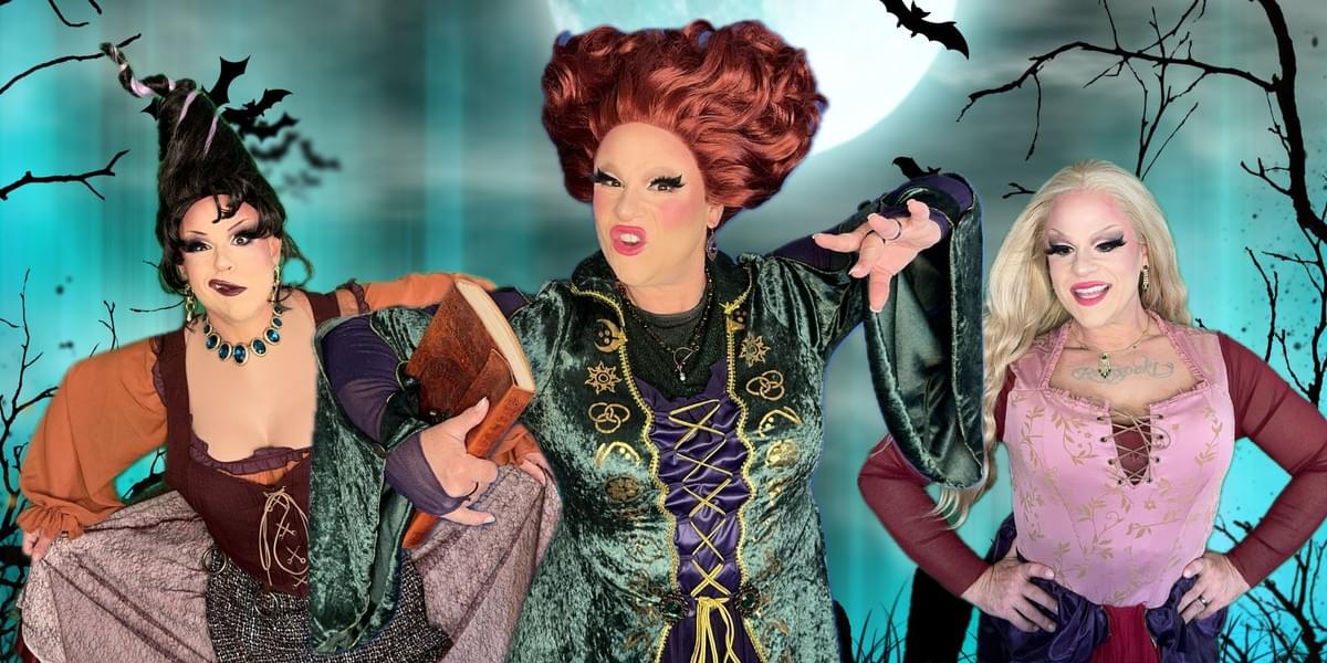 Drag queen Schwa in Halloween costume hosting spooky virtual drag bingo for corporate team building events