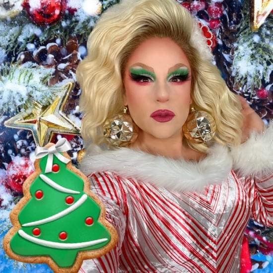 Corporate drag queen Schwa de Vivre in holiday costume for virtual team event Corporate drag queen Schwa de Vivre in holiday costume for virtual team event