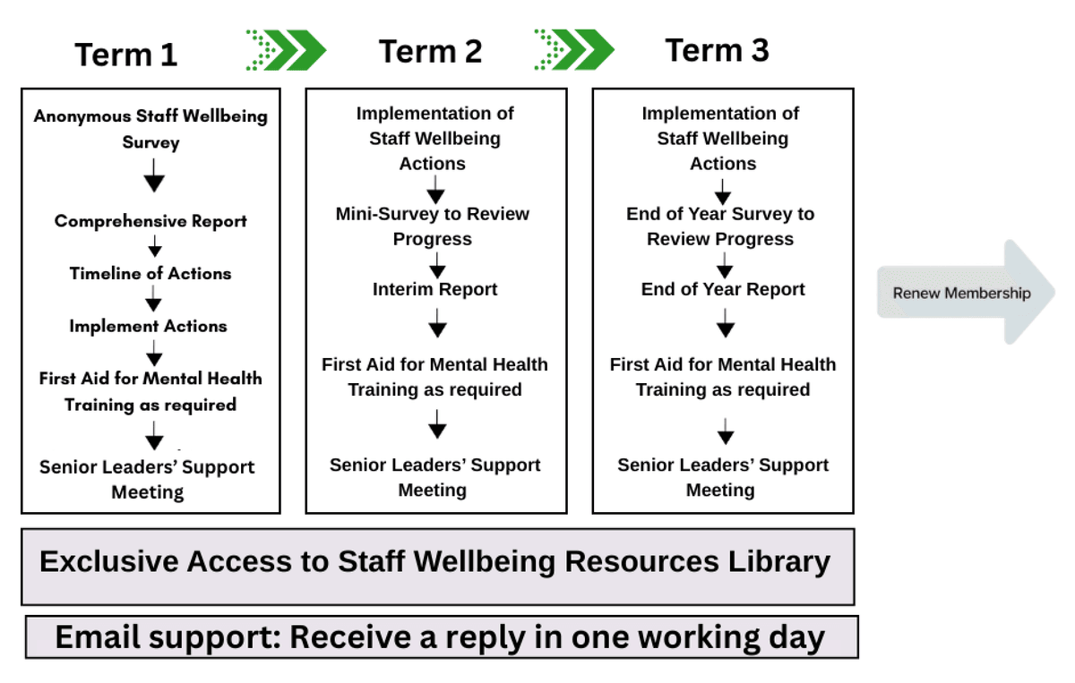 Staff wellbeing journey, showing the termly features of School Membership 