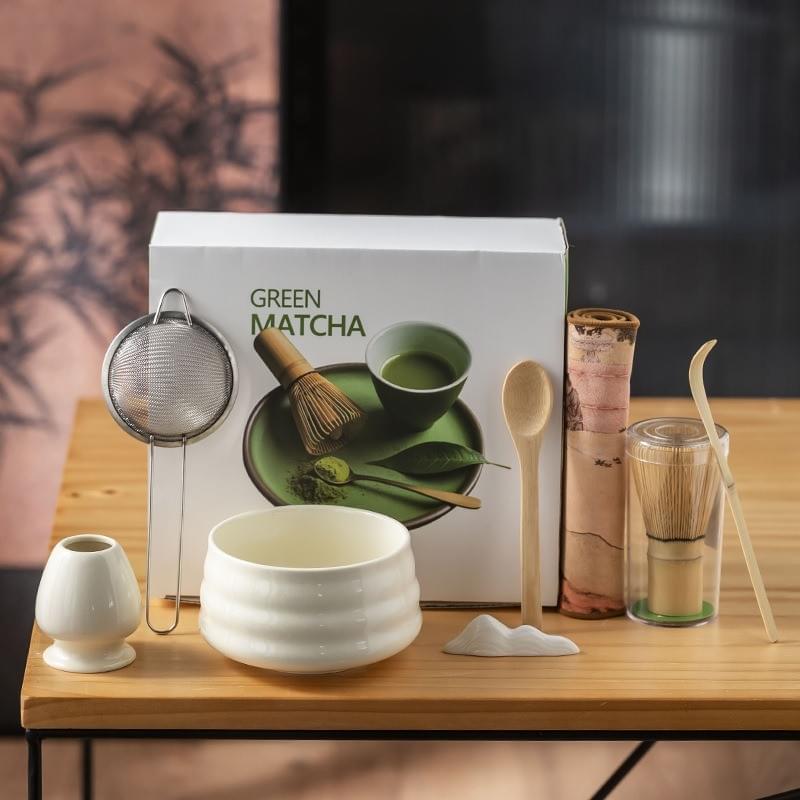 Matcha Whisk Set 7-Piece with Handmade Matcha Bowl & 100-Prong Bamboo Whisk (Chasen)
