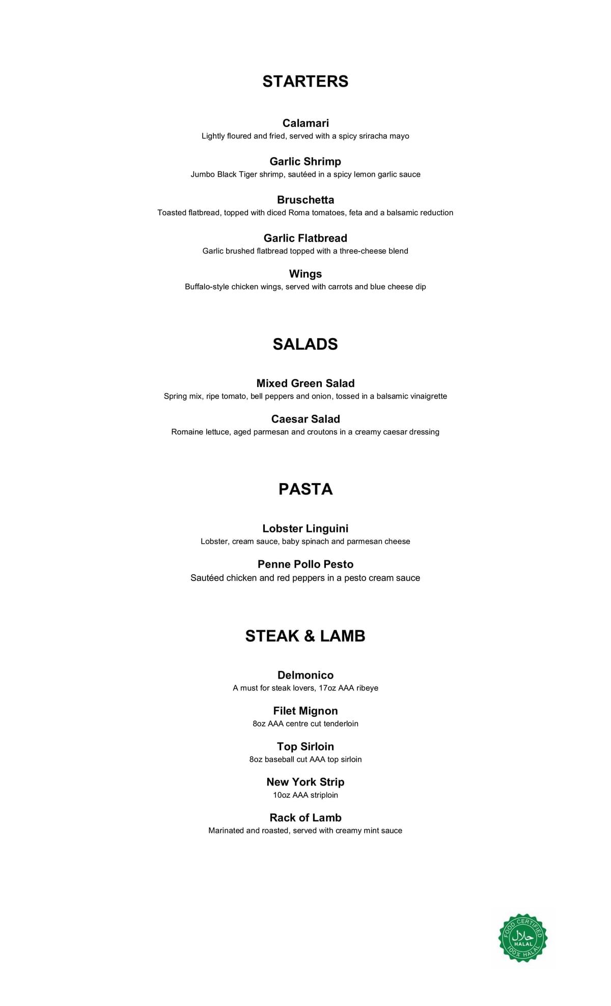 Sheikh's Steakhouse 100% Halal Menu pg1