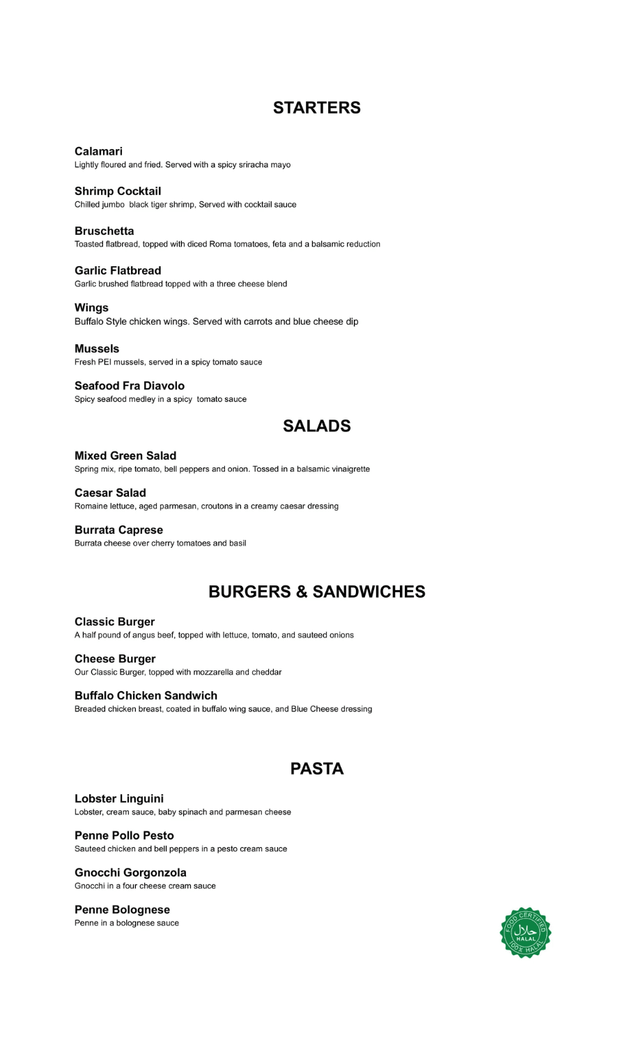 Sheikh's Steakhouse Starters, Salads, Burgers, Sandwiches and Pasta