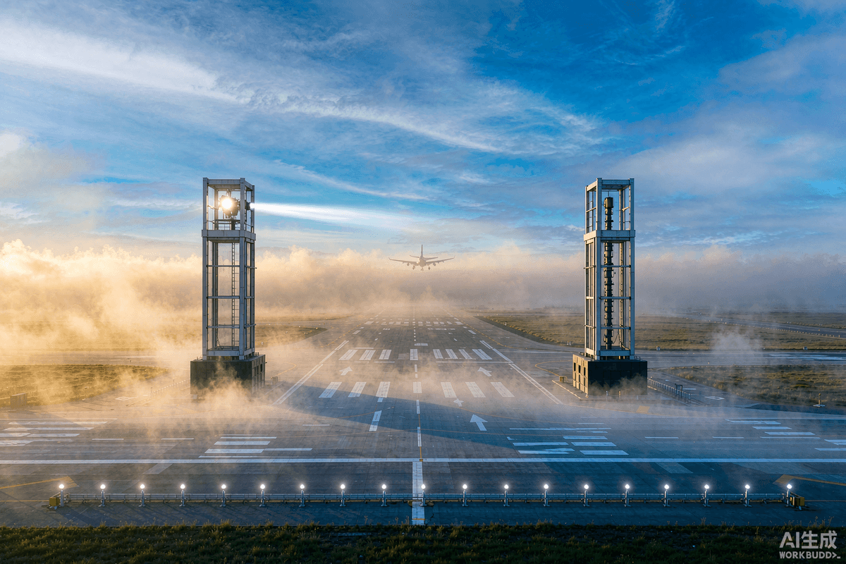 Figure 1 — A runway transmissometer: a projector on one side of the runway sends a light beam to a receiver on the other, measuring atmospheric transmittance to derive RVR.