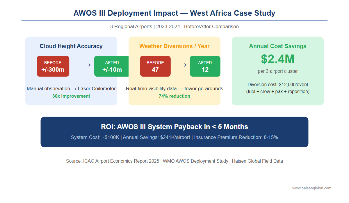 Infographic showing AWOS deployment results at three West African airports with before/after metrics