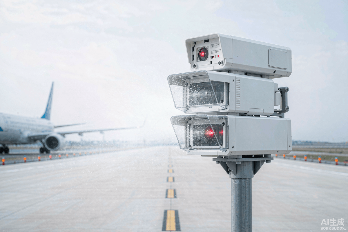 Figure 1 — A compact forward-scatter visibility sensor mounted beside a runway, measuring the light scattered by fog and aerosol in a small sampling volume.