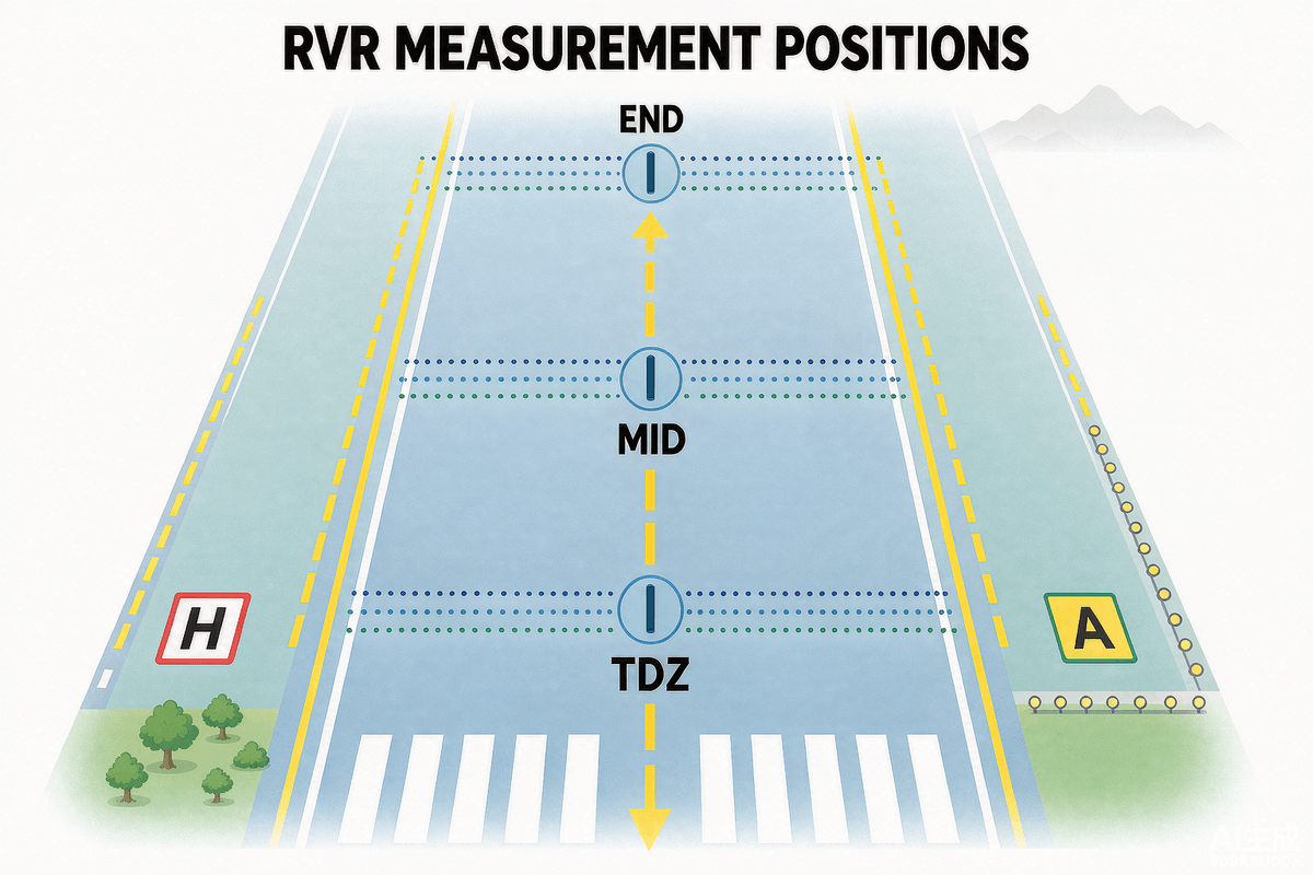 Figure 3 — RVR measurement positions along a runway: touchdown zone (TDZ), mid-point (MID), and stop-end (END), each with its own transmissometer baseline.