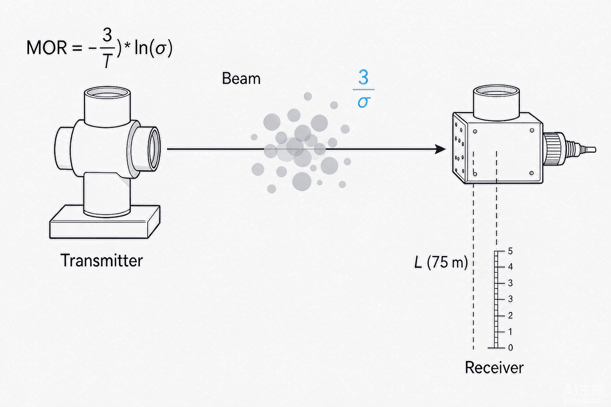 Figure 2 — Measurement principle: a collimated beam is attenuated along baseline L by fog and aerosol particles; transmittance T yields the extinction coefficient σ, and MOR ≈ 3/σ.