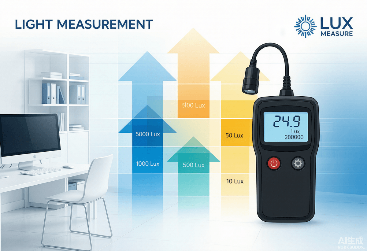 Light intensity measurement concept — a digital lux meter measuring illuminance in a controlled environment.