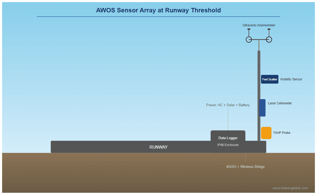 AWOS weather sensors installed at airport runway threshold showing wind mast with ultrasonic anemometer, laser ceilometer, and forward scatter visibility sensor