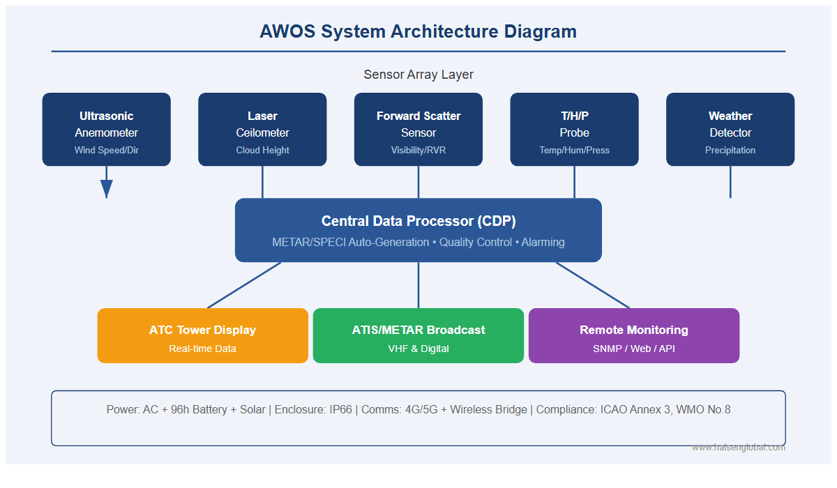 Complete AWOS architecture: sensor array (anemometer, ceilometer, forward scatter sensor, temp/humidity/pressure probe) to Central Data Processor to ATC Display/ATIS/Remote Monitoring
