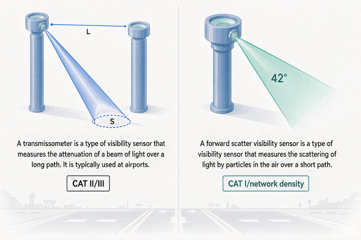Figure 3 — Side-by-side comparison: the two-tower transmissometer (left) for CAT II/III reference RVR, and the compact forward-scatter sensor (right) for CAT I and network density.