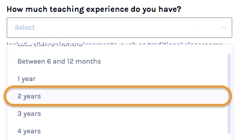 VIPKID Experience Level Indicator, 2 years, list of degrees on white background