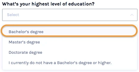 VIPKID Education Level Indicator, Bachelors Degree, list of degrees on white background