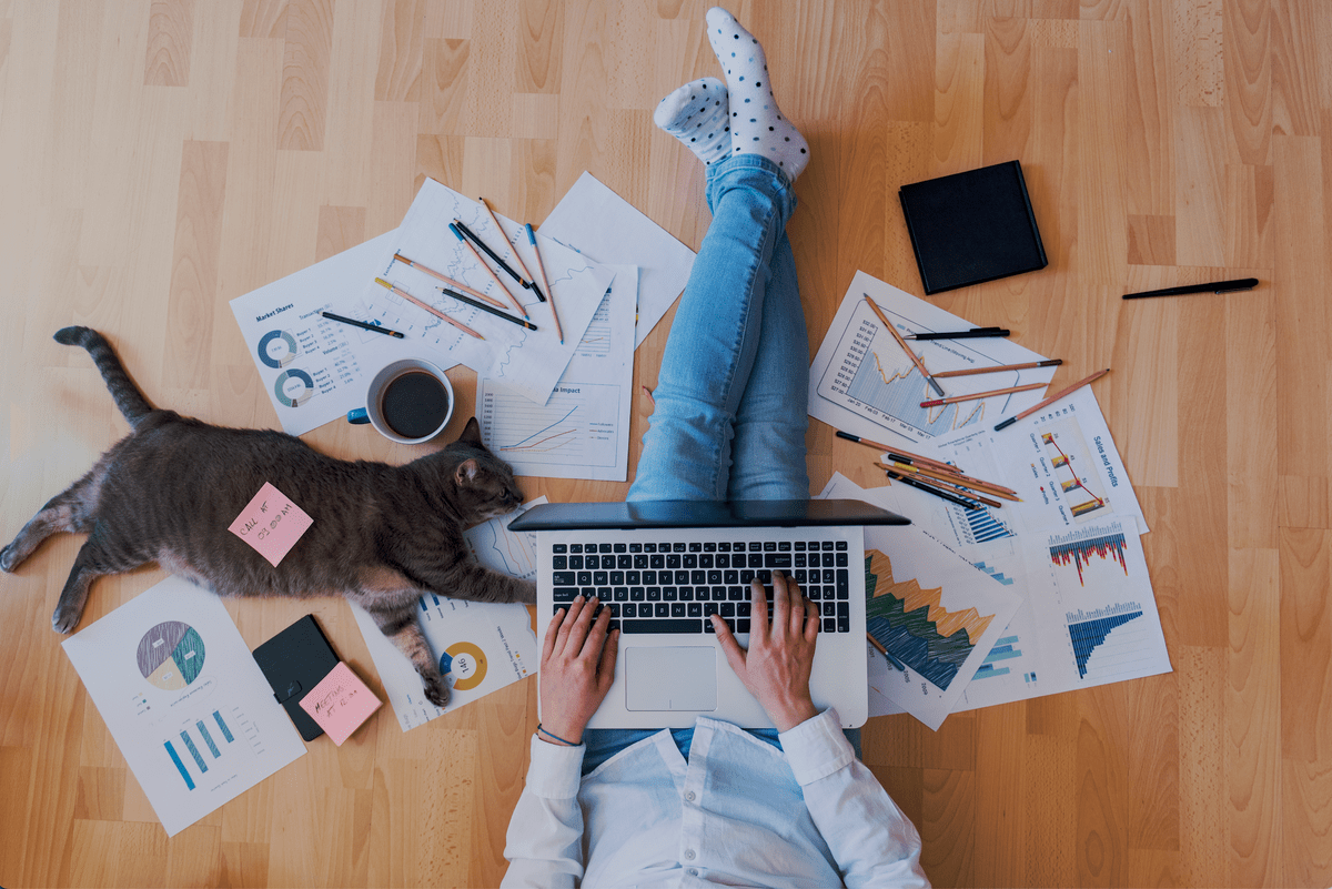 Woman sitting on the floor working with paper work, a laptop, and a cat