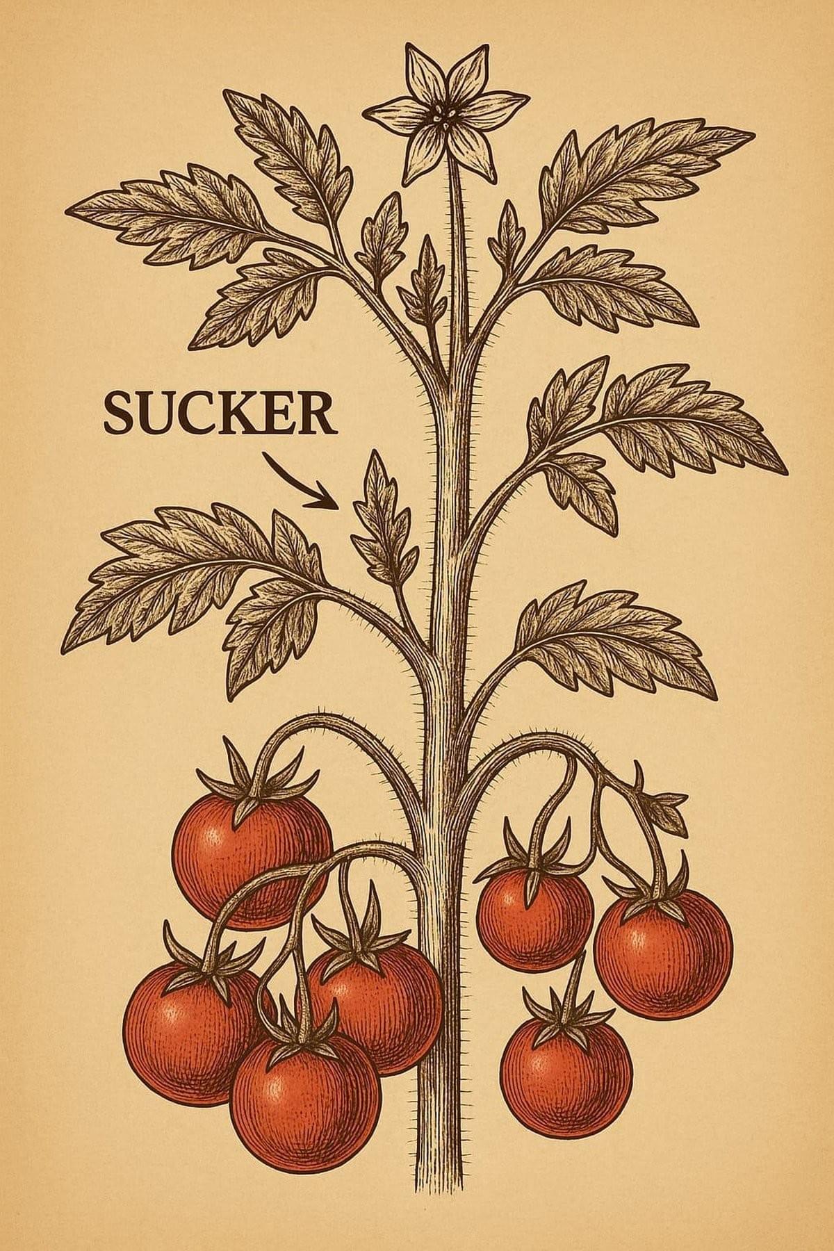 An example of a sucker growing from a tomato vine.