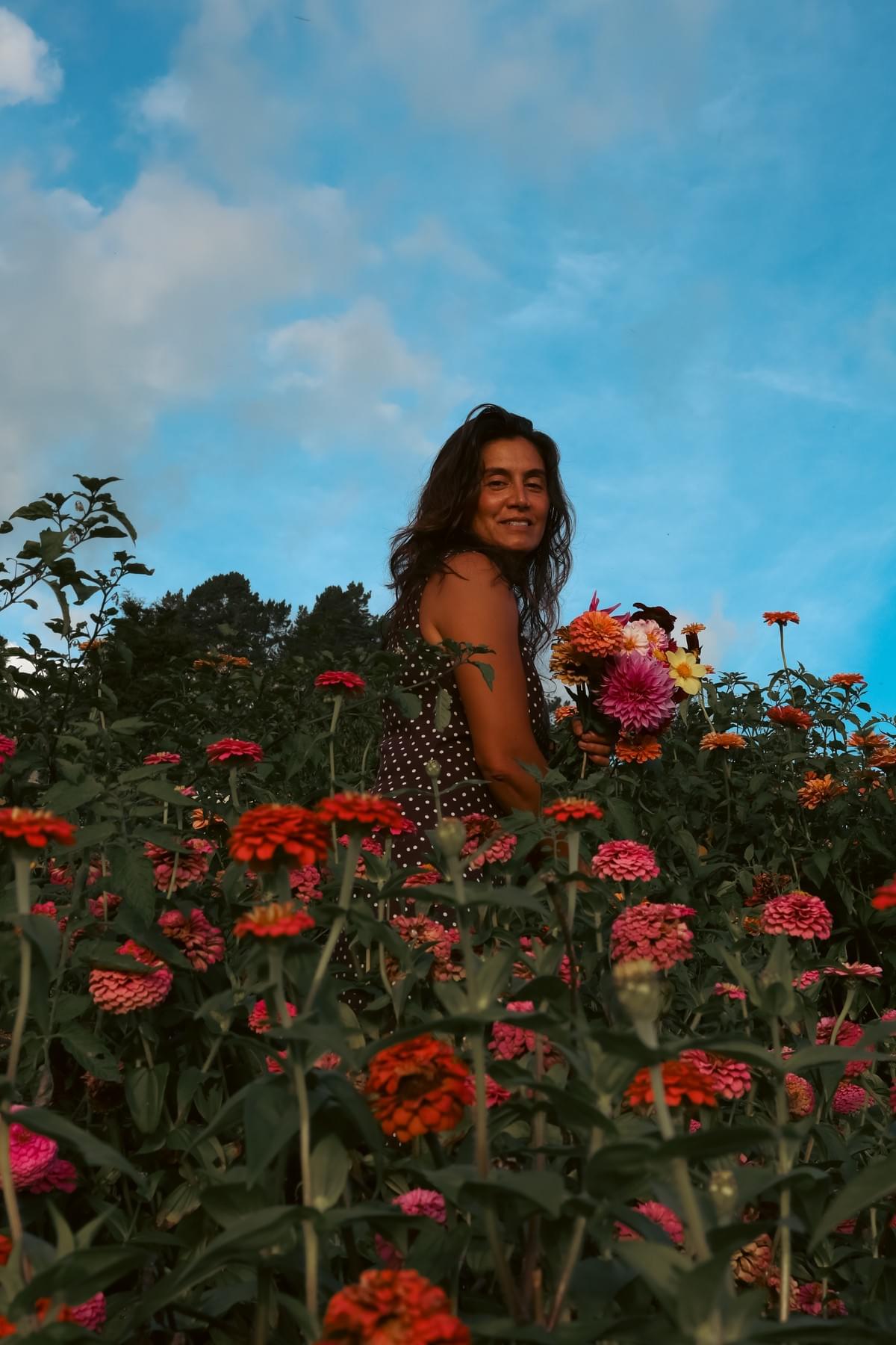 That's me, at home standing amongst the zinnia flower garden in Hokianga, New Zealand.