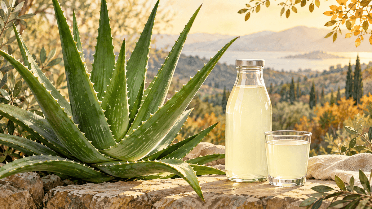 Aloe vera plant beside an unbranded aloe beverage. AI-generated illustration.