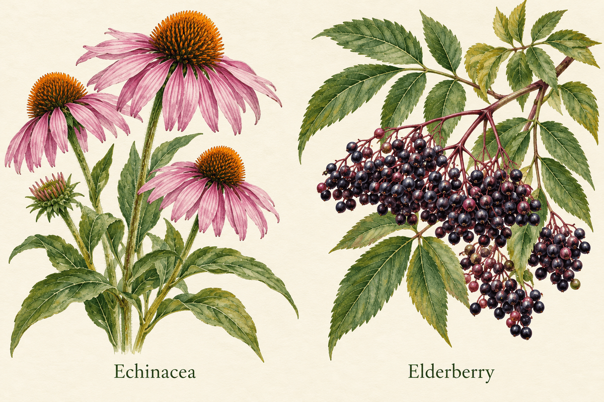 Botanical illustration of echinacea flowers and elderberry berries; AI-generated artwork.