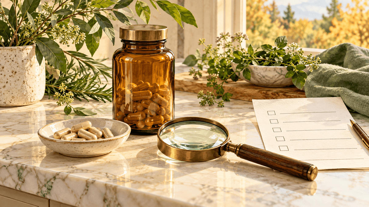 Supplement bottle, capsules, magnifying glass, and a checklist. AI-generated illustration.