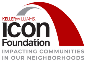 Logo for the ICON FOundation of Keller Williams "Impacting Communities in Our Neighborhoods" red and grey arch over black lettering