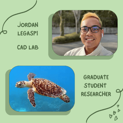 Picture of Jordan (graduate student) and their favorite animal, a turtle!