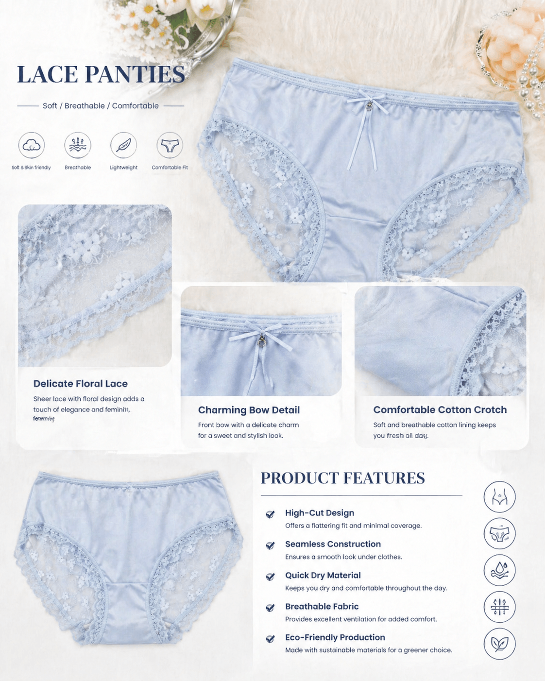 CX002 （Light Blue Floral Lace MidRise Panties | Soft Breathable Cotton Crotch Underwear）