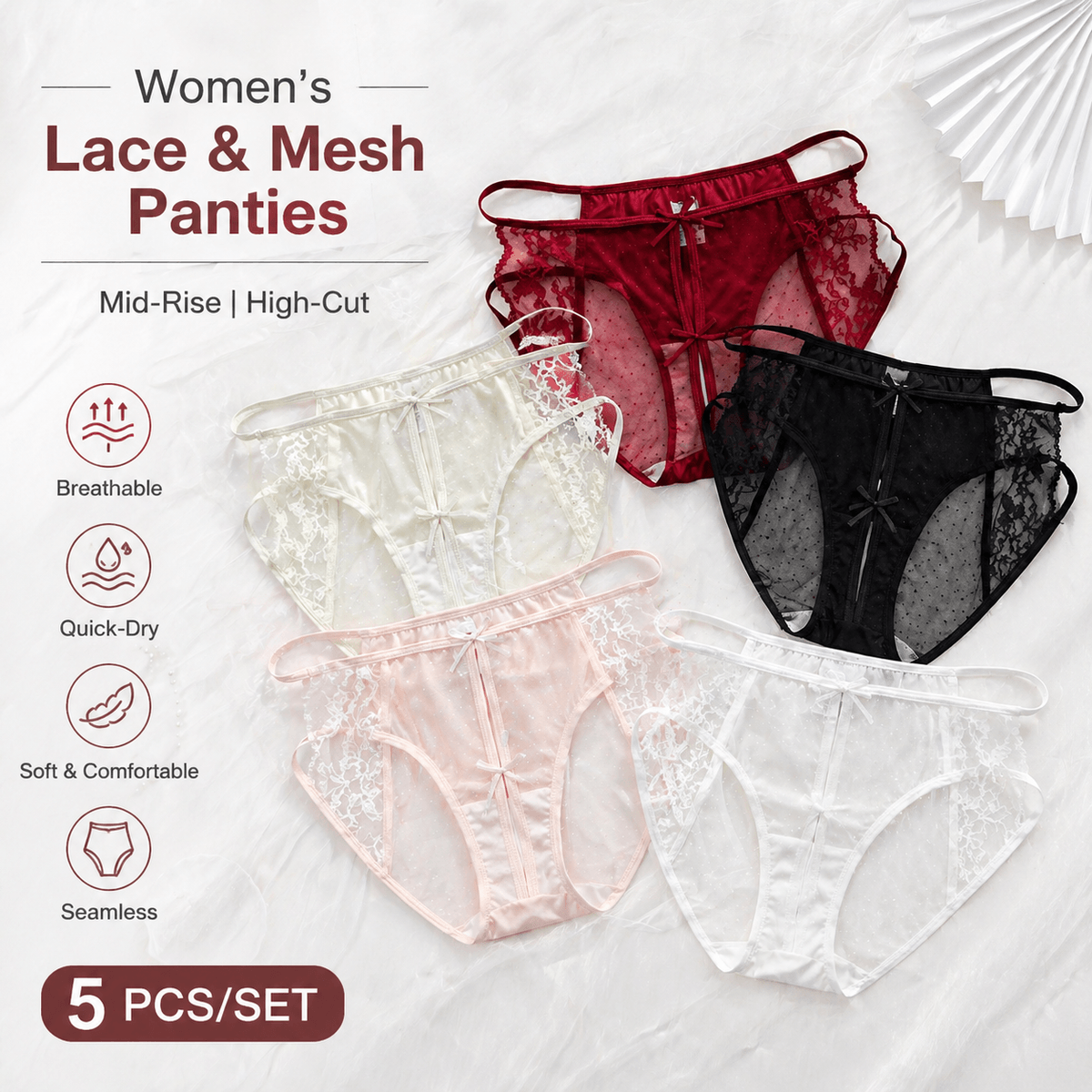 CX003 （Women’s Lace Polka-Dot Mesh Panties 5Pack | MidRise High-Cut Breathable Underwear Set）