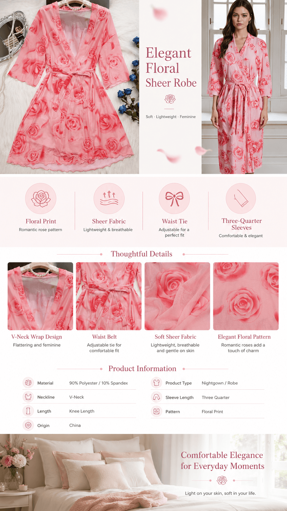 CX010 （Pink Rose Floral Print Sheer Robe | 3/4 Sleeve VNeck KneeLength Loungewear）