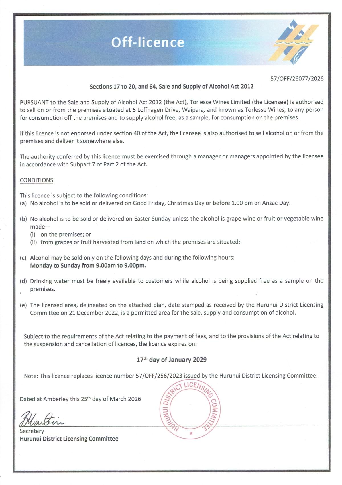 Torlesse off licence certification