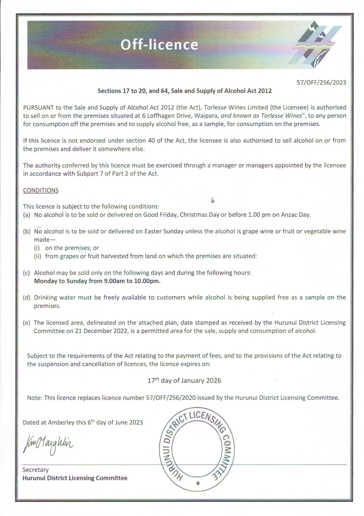 Torlesse off licence certification Torlesse off licence certification