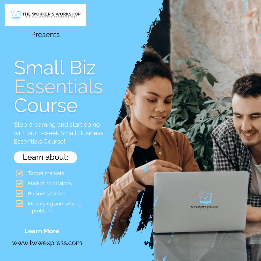 A young man and woman are using a laptop at a table. Click the image to open the waitlist URL for the Small Business Essentials 1-week course.