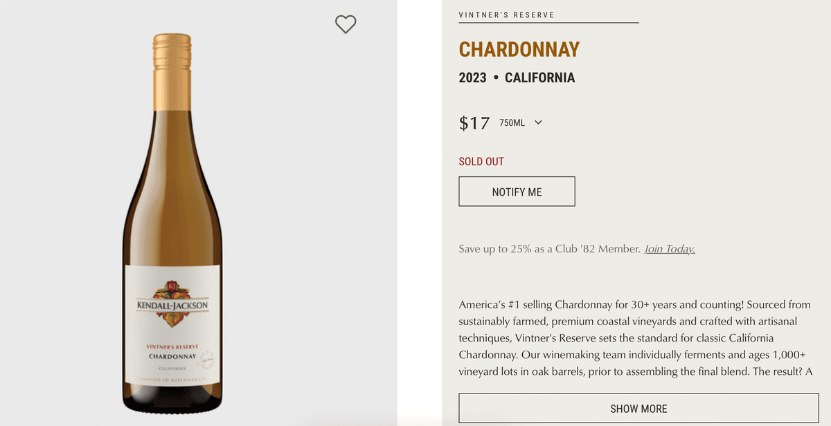 Image of Kendall-Jackson's 2023 Vintner's Reserve Chardonnay from their website