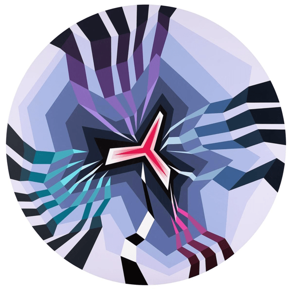 abstraction geometrique par l'artiste bruno Hoopka. Œuvre sur panneau de bois découpé