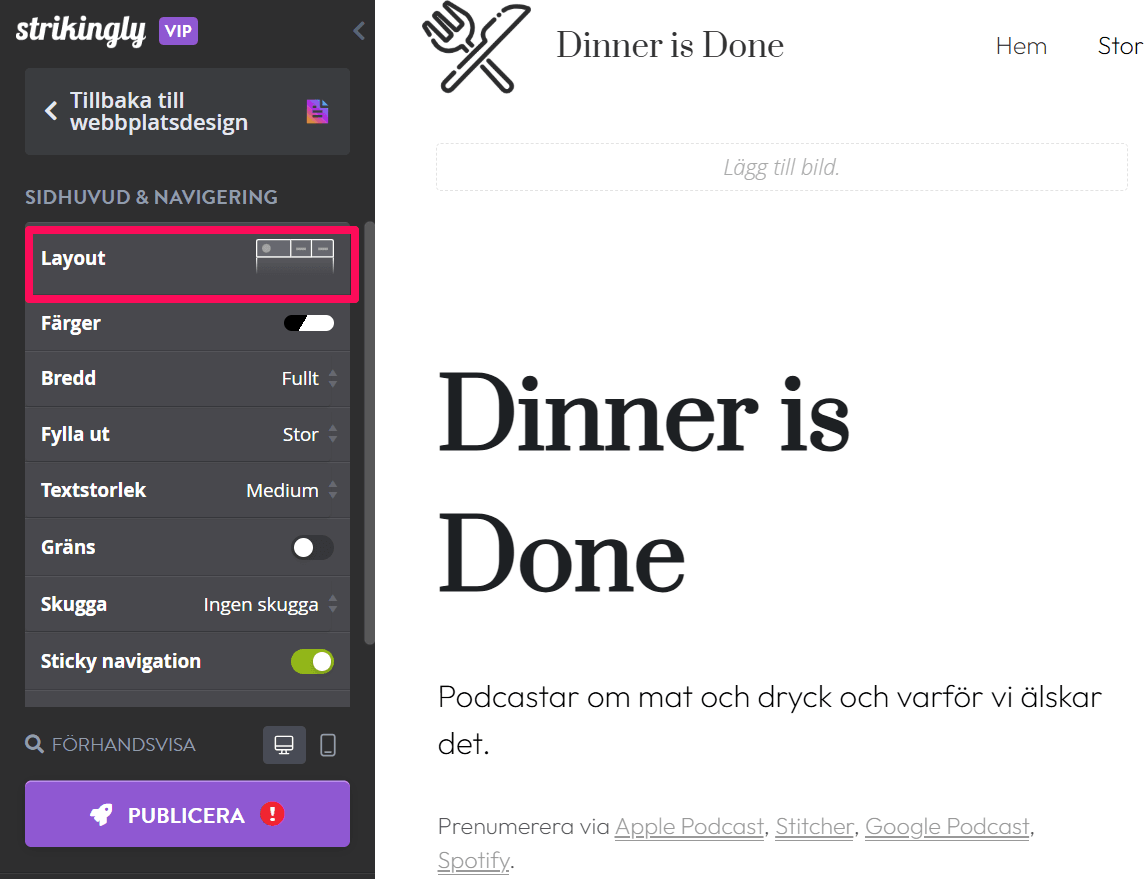 Vertikal navigeringsmeny på Strikingly