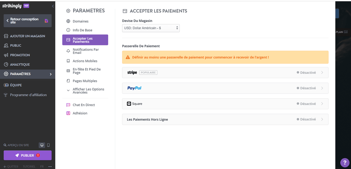 Caractéristiques uniques de Strikingly pour les paiements