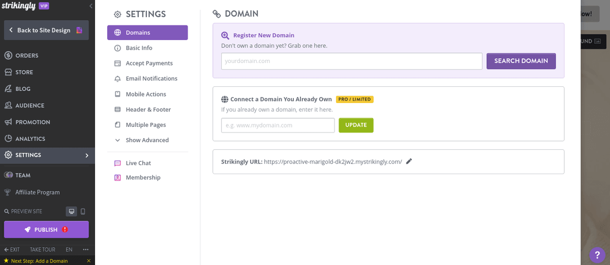 Làm thế nào để đăng ký một tên miền ngắn mới trên Strikingly?