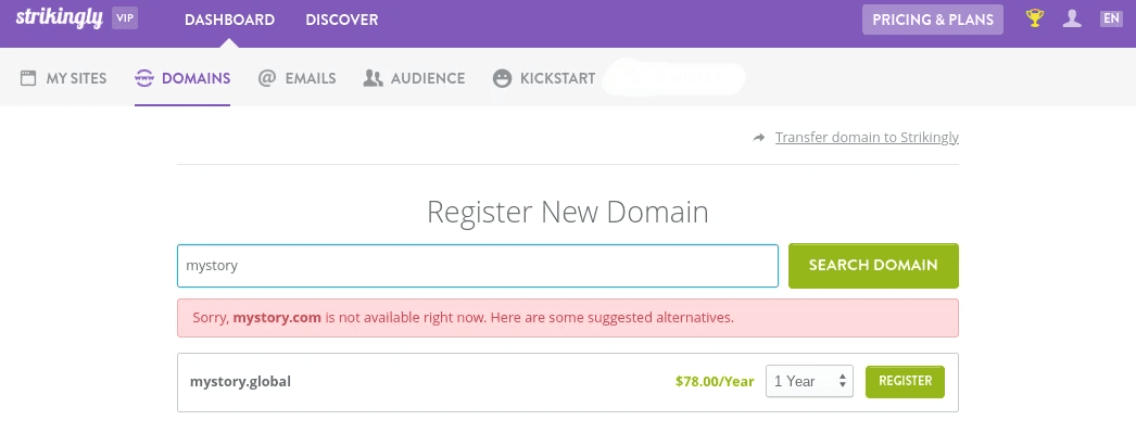 Làm thế nào để đăng ký một tên miền ngắn mới trên Strikingly?