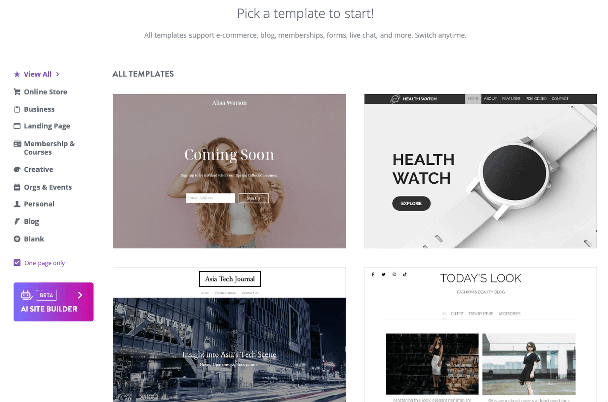 Chọn mẫu trang web một trang đơn phù hợp