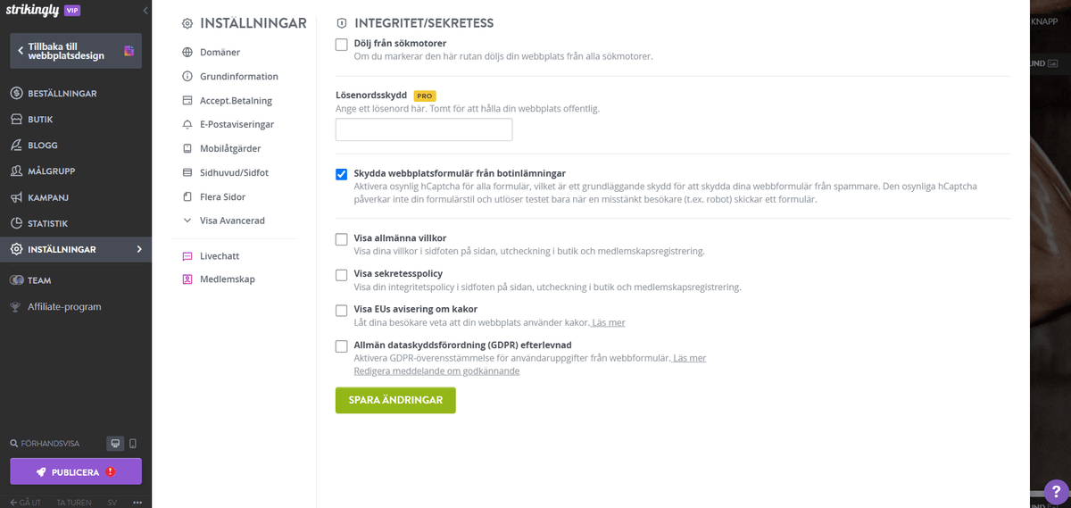 Lägga till integritetspolicy till din Strikingly-webbplats