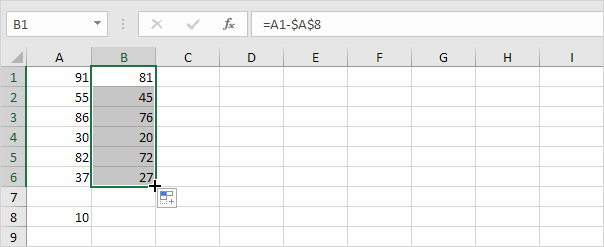 Excel formula to subtract cells