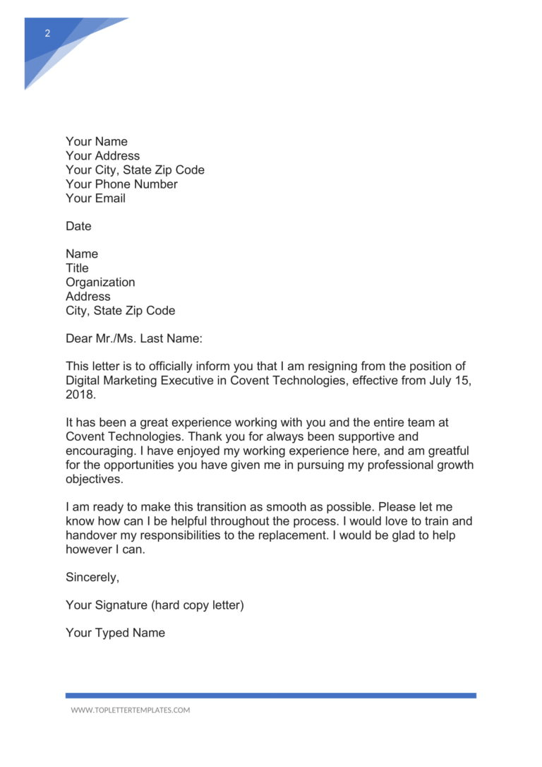 Letter of resignation templates word