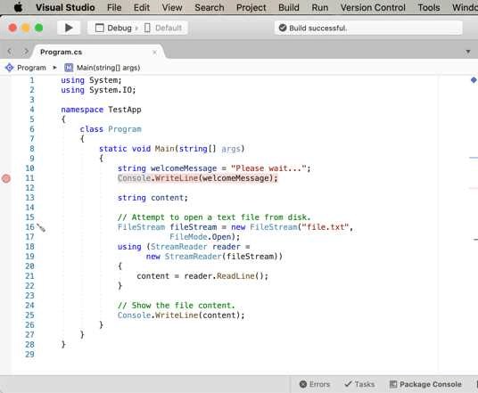 Debug in visual studio for mac