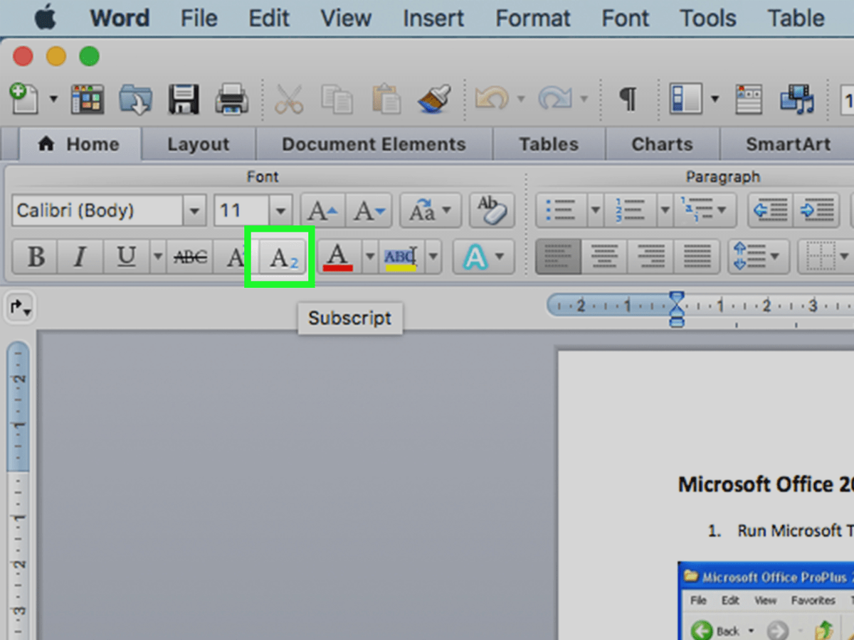 Command for subscript on mac excel 2011