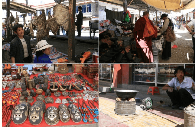 古くからあるというシガツェのバザールを訪ねた．枝肉や大きな丸ごとの乾燥肉が並べられているあたりがバザールらしい．また仏具が並び，お坊さんがショッピングに現れるのもシガツェのバザールならではのことであろう．通りを挟んで向かい側には金属製品の加工店が並んでいた．若者が強力シロッコファンで風を送り，石油管七輪で低融点金属（多分）を融解していた．